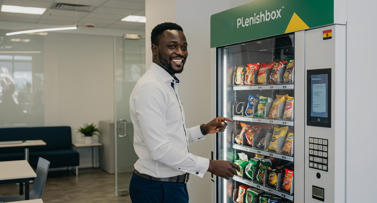 PlenishBox smart vending machine in a modern Ghanaian workplace